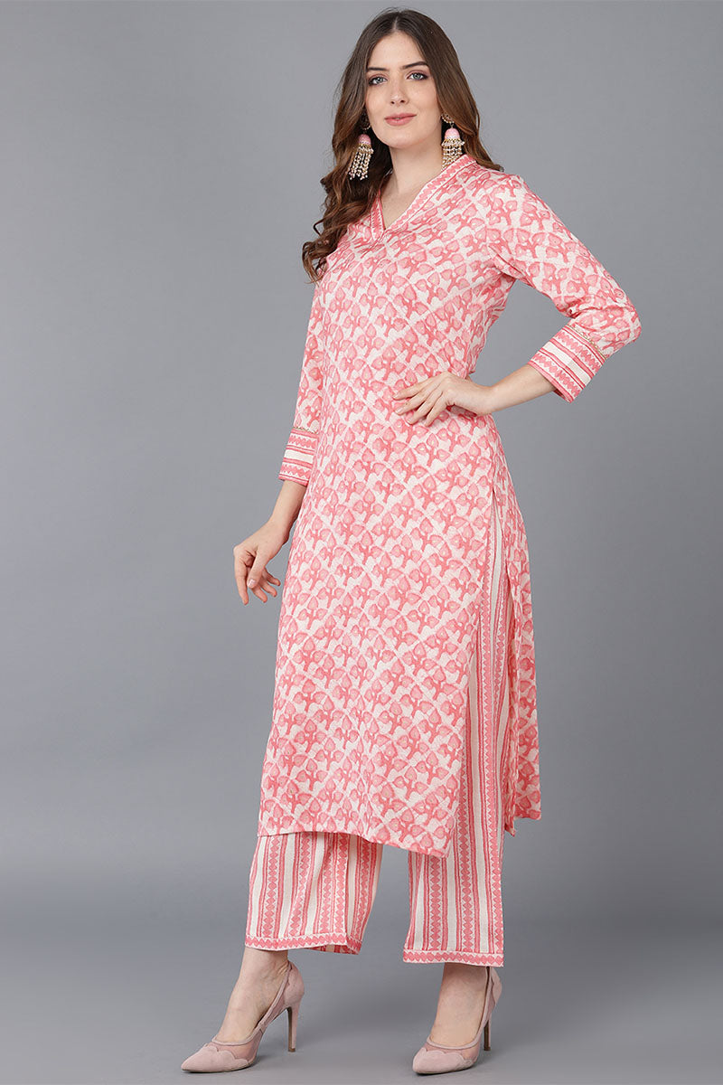 Peach Cotton Blend Straight Suit Set VKSKD1526 | DesiQlo