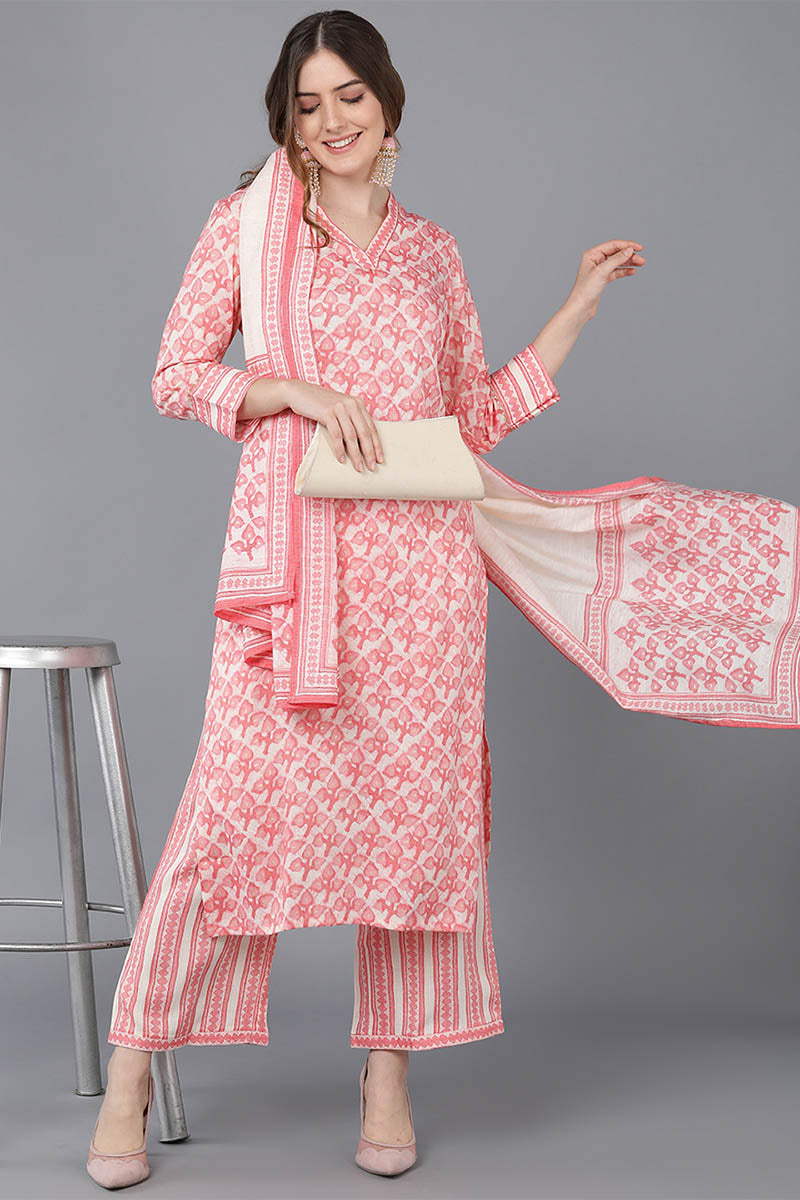 Peach Cotton Blend Straight Suit Set VKSKD1526 | DesiQlo