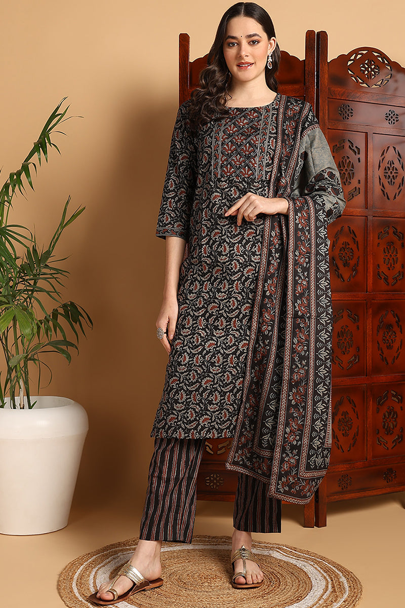 DesiQlo Women Cotton Indian Ethnic Set - Black