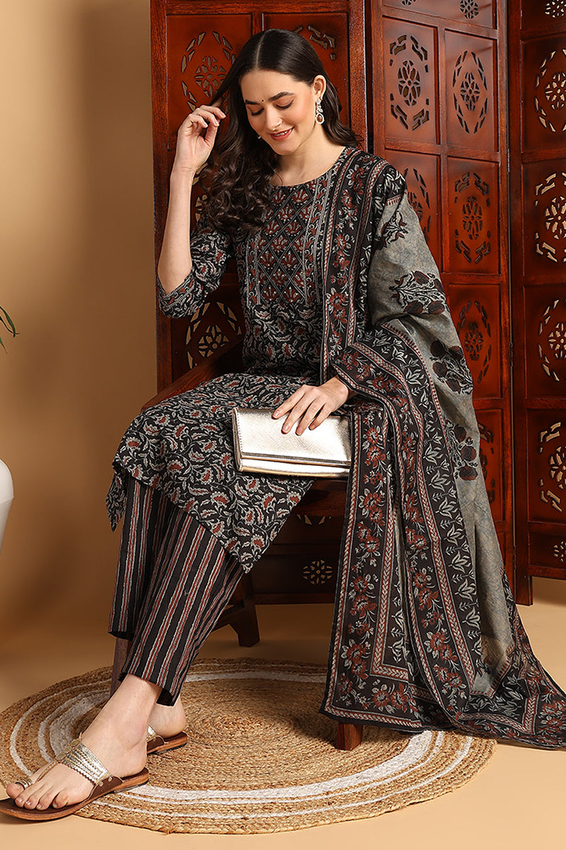DesiQlo Women Cotton Indian Ethnic Set - Black
