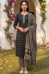 Black Rayon Blend Geometric Printed Straight Suit Set VKSKD2151