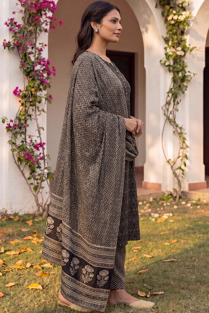 DesiQlo Women Rayon Indian Ethnic Set - Black VKSKD2151