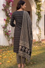 Black Rayon Blend Geometric Printed Straight Suit Set VKSKD2151