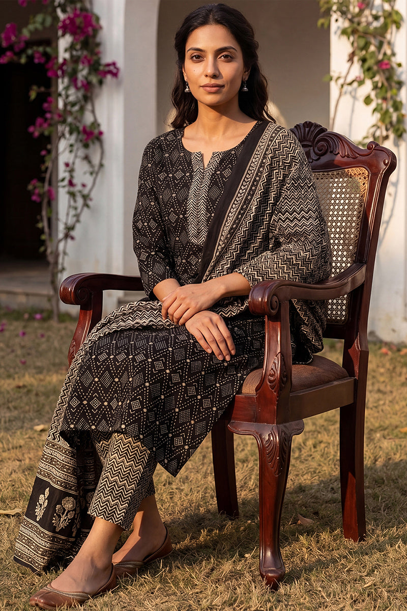 DesiQlo Women Rayon Indian Ethnic Set - Black VKSKD2151