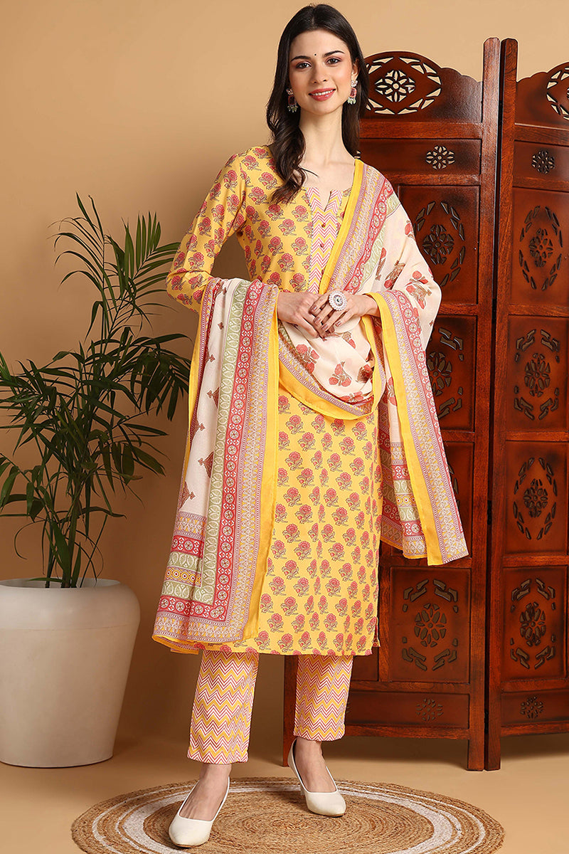 DesiQlo Women Cotton Blend Indian Ethnic Set - Yellow