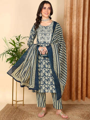 Women Navy Blue Rayon Blend Floral Embroidered Straight Kurta Trousers With Dupatta-VKSKD2212BLU