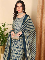 Women Navy Blue Rayon Blend Floral Embroidered Straight Kurta Trousers With Dupatta-VKSKD2212BLU