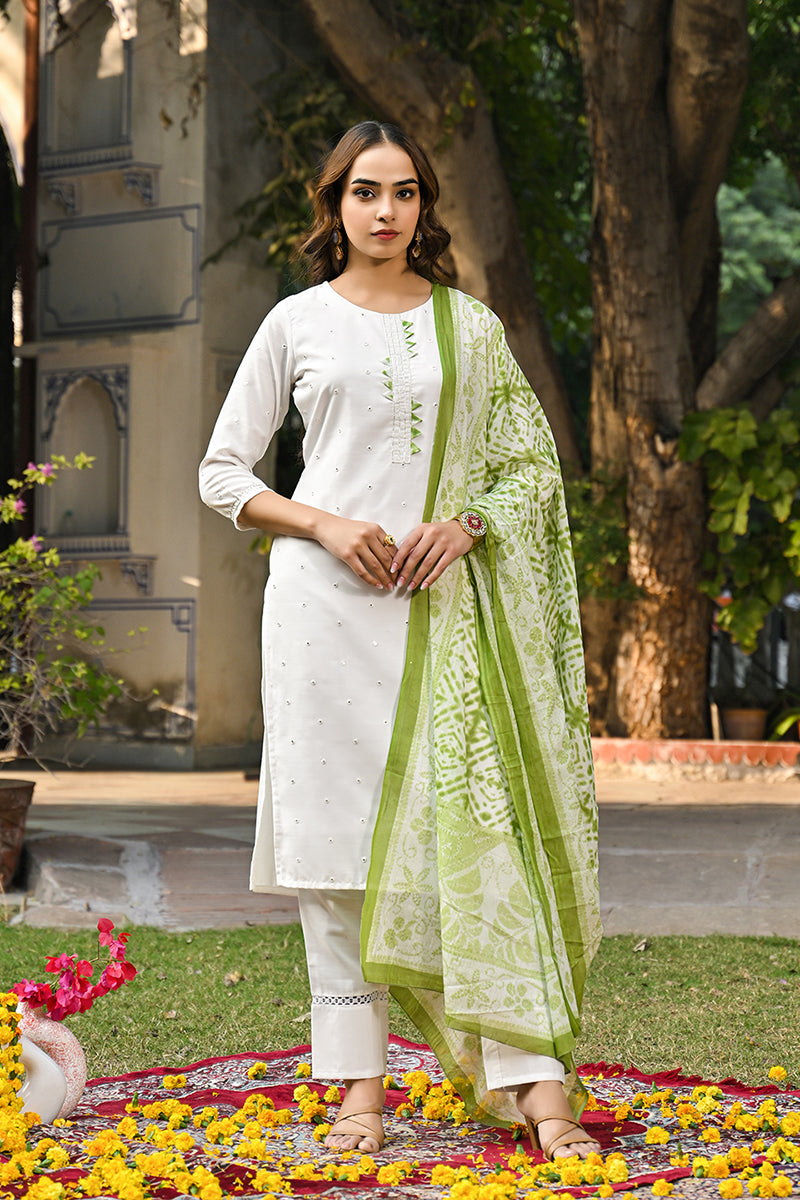 Green Rayon Blend Solid Embroidered Straight Suit Set VKSKD2215GRN | D