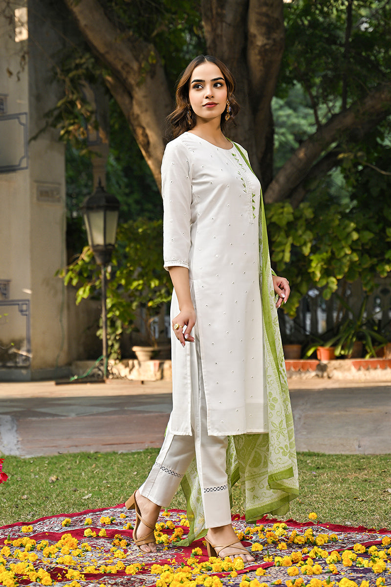 Green Rayon Blend Solid Embroidered Straight Suit Set VKSKD2215GRN | D