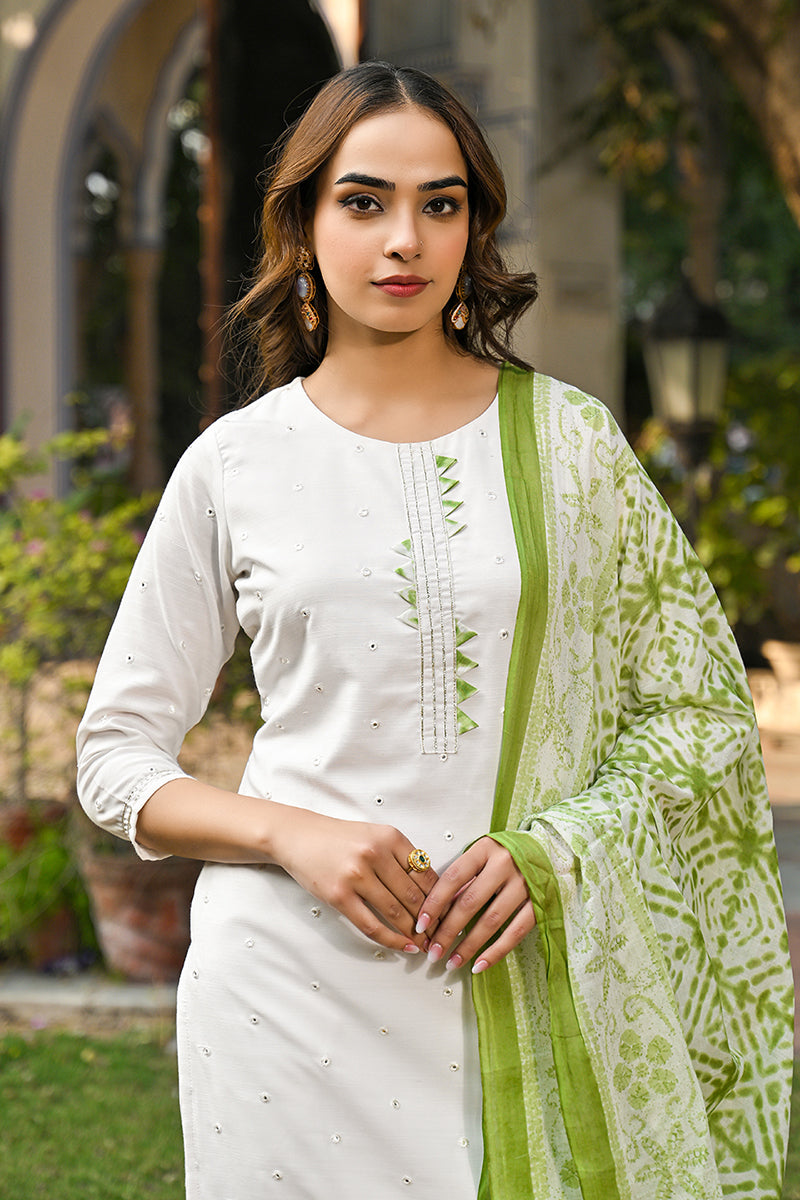 Green Rayon Blend Solid Embroidered Straight Suit Set VKSKD2215GRN | D
