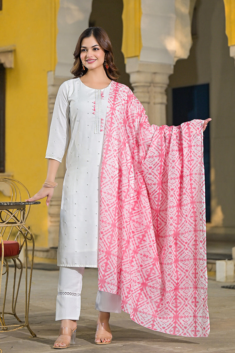 Pink Rayon Blend Solid Embroidered Straight Suit Set VKSKD2215PNK | De