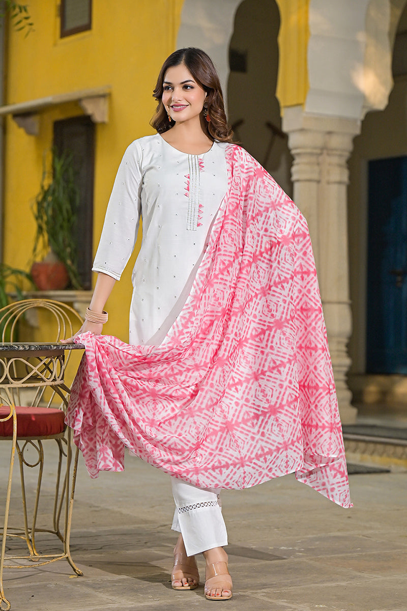 Pink Rayon Blend Solid Embroidered Straight Suit Set VKSKD2215PNK | De