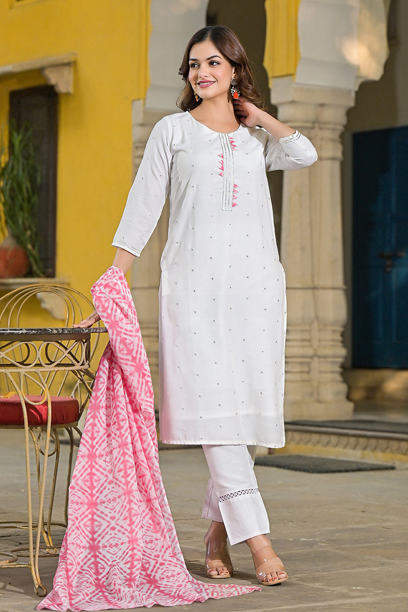 Pink Rayon Blend Solid Embroidered Straight Suit Set VKSKD2215PNK | De