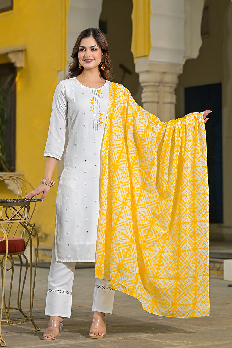 Yellow Rayon Blend Solid Embroidered Straight Suit Set VKSKD2215YLW | 