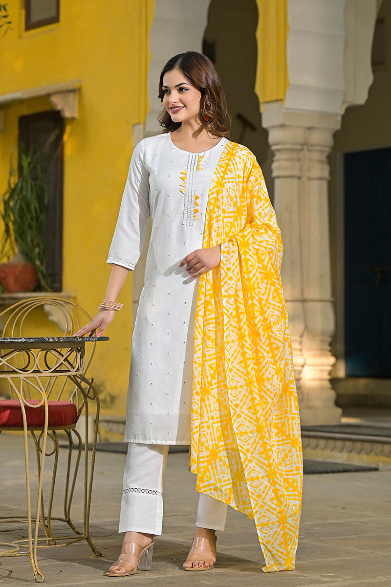 Yellow Rayon Blend Solid Embroidered Straight Suit Set VKSKD2215YLW | 
