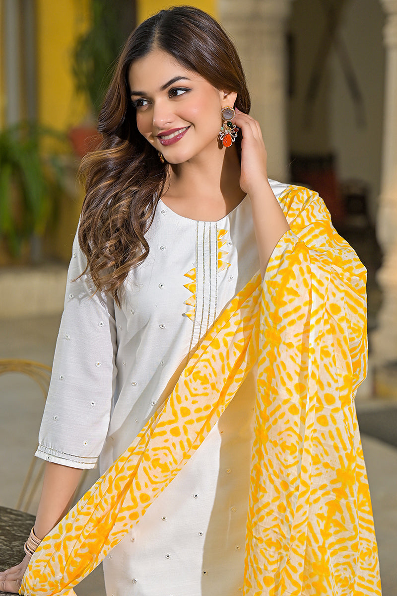 Yellow Rayon Blend Solid Embroidered Straight Suit Set VKSKD2215YLW | 