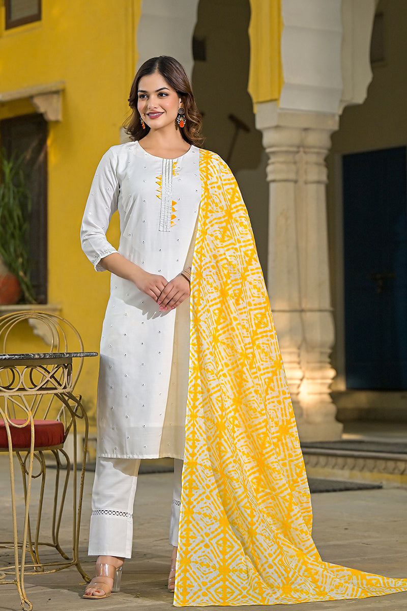 Yellow Rayon Blend Solid Embroidered Straight Suit Set VKSKD2215YLW | 
