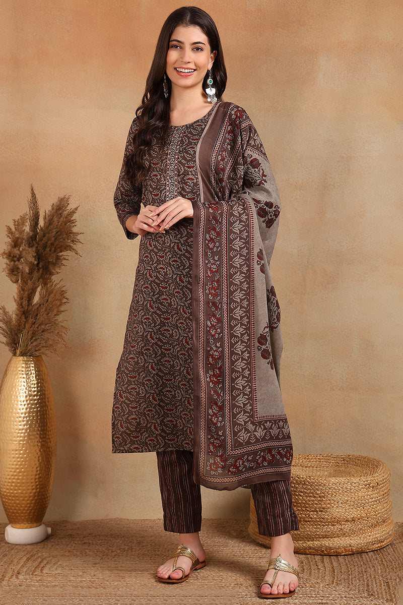 Grey Rayon Blend Ethnic Motifs Printed Straight Trouser Suit Set VKSKD
