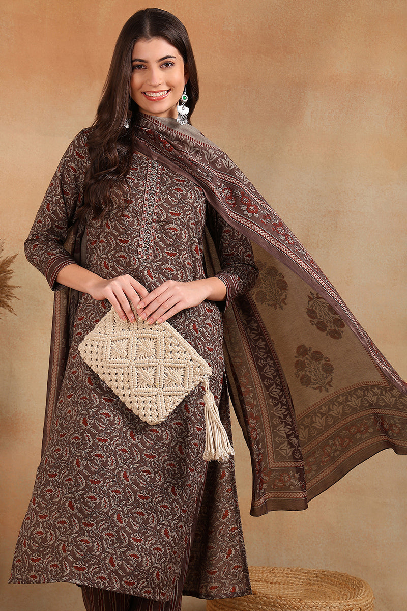 Grey Rayon Blend Ethnic Motifs Printed Straight Trouser Suit Set VKSKD