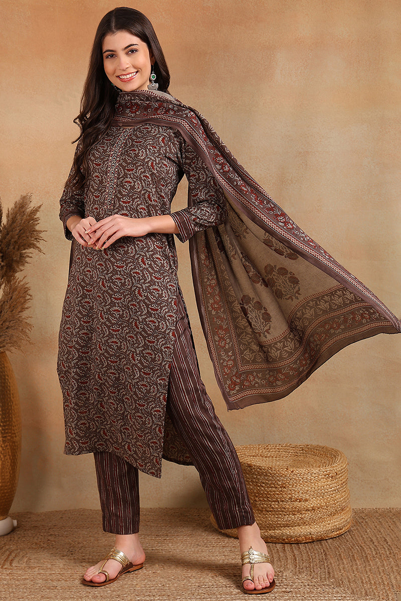 Grey Rayon Blend Ethnic Motifs Printed Straight Trouser Suit Set VKSKD