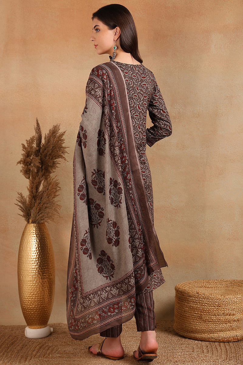 Grey Rayon Blend Ethnic Motifs Printed Straight Trouser Suit Set VKSKD