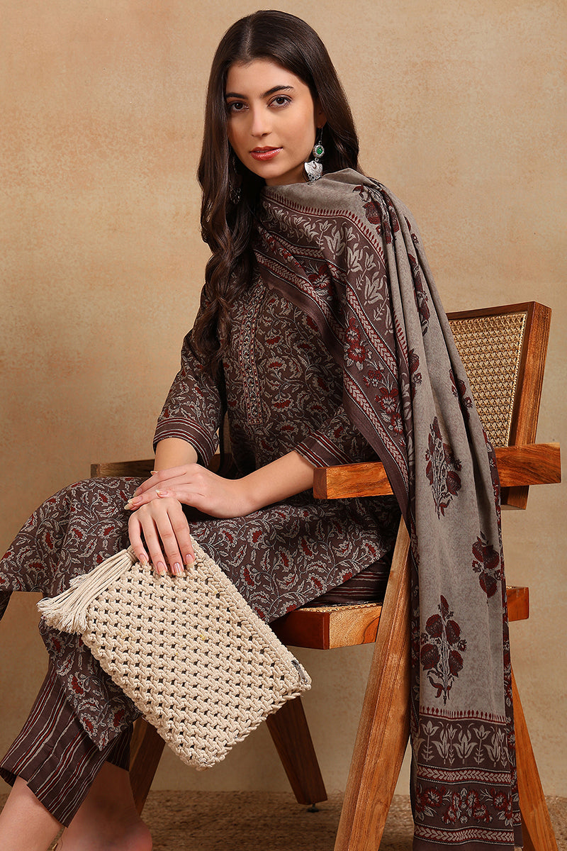 Grey Rayon Blend Ethnic Motifs Printed Straight Trouser Suit Set VKSKD