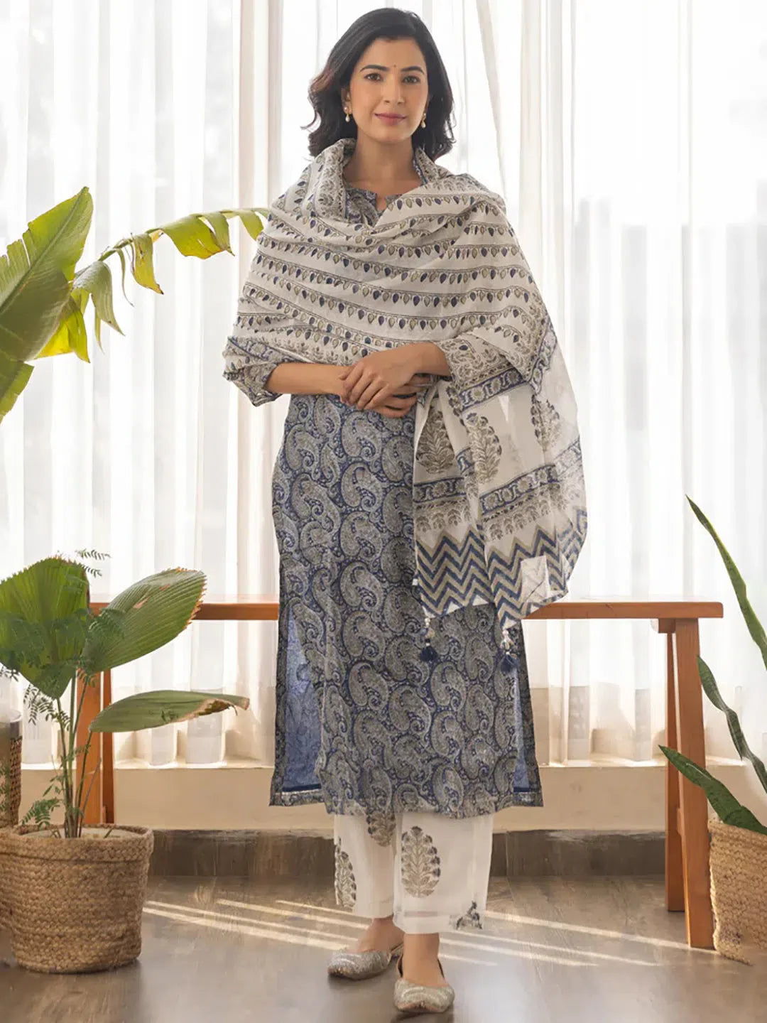 Women Navy Blue Viscose Rayon Paisley Printed Straight Kurta Palazzo With Dupatta-VKSKD2221BLU