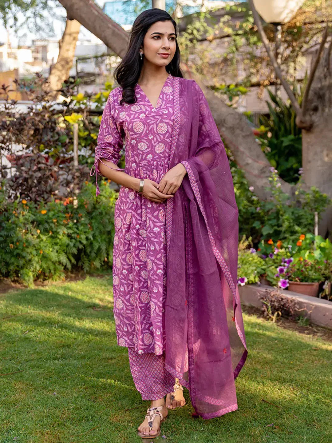 Purple Floral Kurta Set with Dupatta | Women's Indian Kurta - Style 1