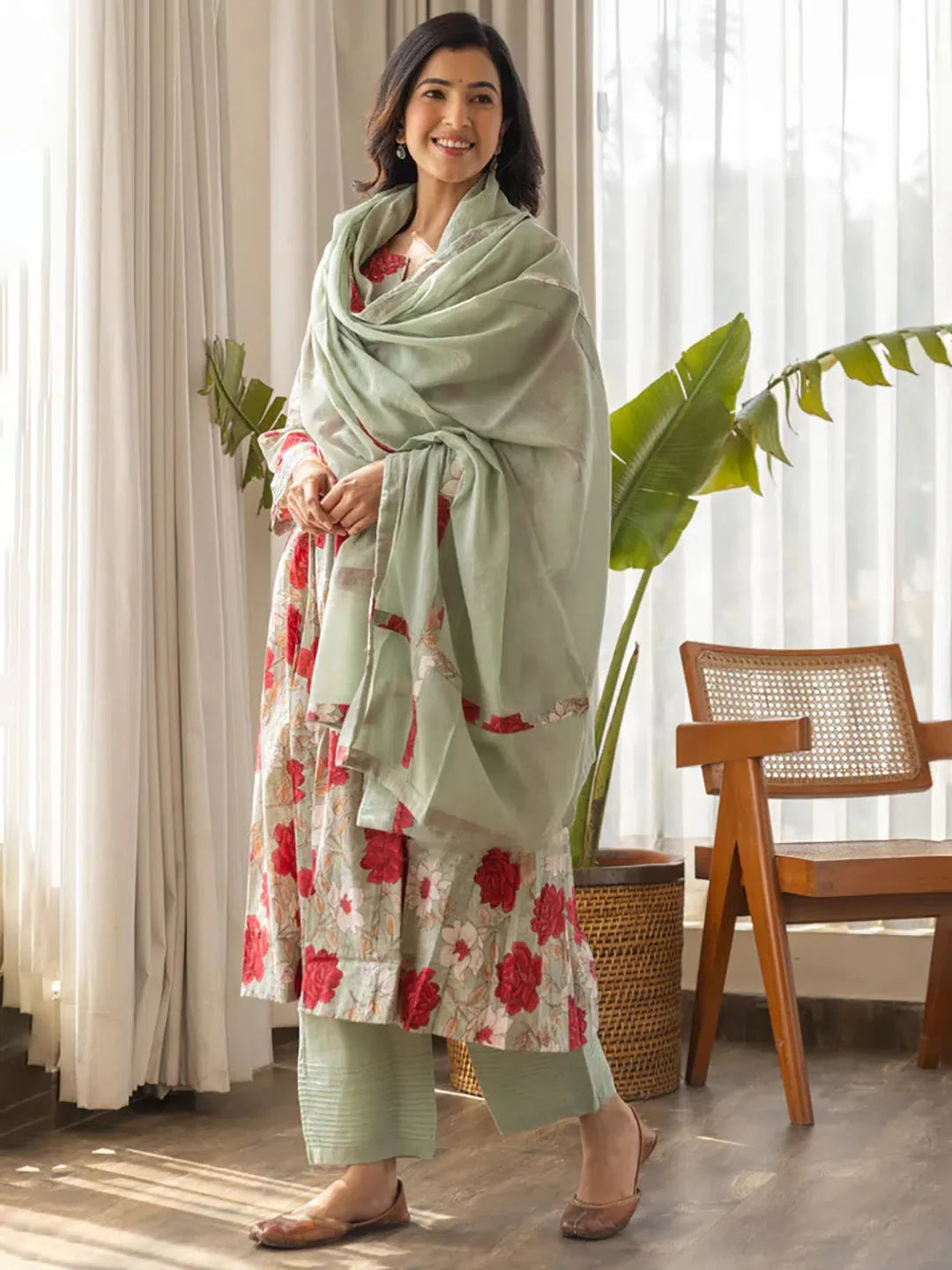 Sea Green Floral Women's Kurta and Palazzo Set | Viscose