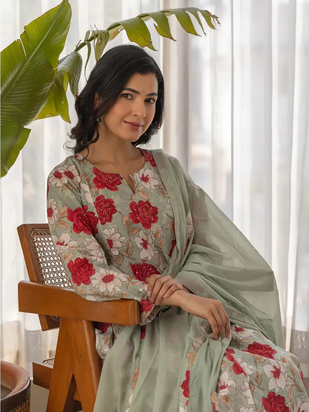 Sea Green Floral Women's Kurta and Palazzo Set | Viscose