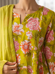 Women Green Viscose Rayon Floral Printed A-Line Kurta Palazzo With Dupatta-VKSKD2223GRN