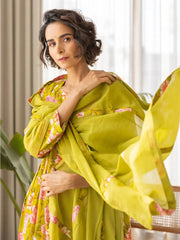 Women Green Viscose Rayon Floral Printed A-Line Kurta Palazzo With Dupatta-VKSKD2223GRN