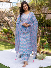 Women Blue Viscose Rayon Floral Printed Straight Kurta Salwar With Dupatta-VKSKD2225BLU