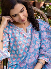 Women Blue Viscose Rayon Floral Printed Straight Kurta Salwar With Dupatta-VKSKD2225BLU