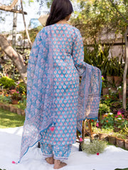 Women Blue Viscose Rayon Floral Printed Straight Kurta Salwar With Dupatta-VKSKD2225BLU