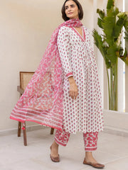 Women White Viscose Rayon Floral Printed Straight Kurta Palazzo With Dupatta-VKSKD2229RED