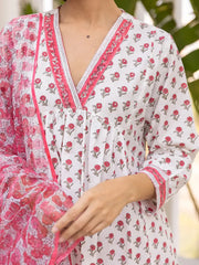 Women White Viscose Rayon Floral Printed Straight Kurta Palazzo With Dupatta-VKSKD2229RED