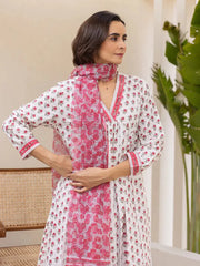 Women White Viscose Rayon Floral Printed Straight Kurta Palazzo With Dupatta-VKSKD2229RED