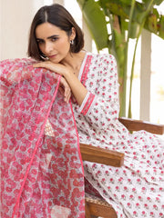 Women White Viscose Rayon Floral Printed Straight Kurta Palazzo With Dupatta-VKSKD2229RED