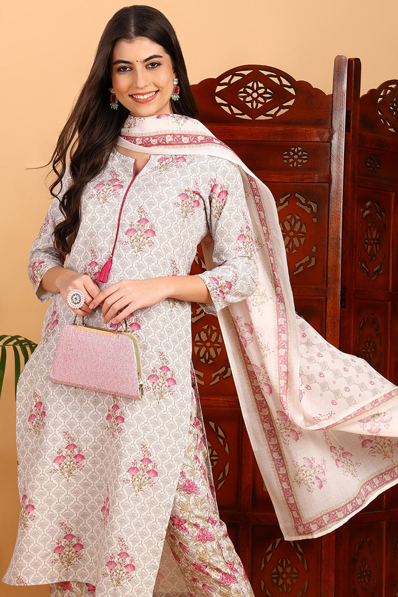 Pink Rayon Blend Floral Straight Printed Suit Set VKSKD2232 | DesiQlo