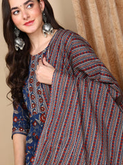 Women Blue Rayon Blend Floral Printed Straight Kurta Trousers With Dupatta-VKSKD2233