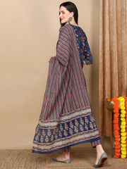 Women Blue Rayon Blend Floral Printed Straight Kurta Trousers With Dupatta-VKSKD2233