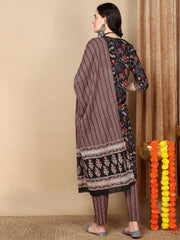 Women Black Rayon Blend Floral Printed Straight Kurta Trousers With Dupatta-VKSKD2234