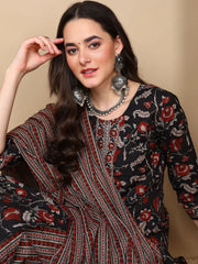 Women Black Rayon Blend Floral Printed Straight Kurta Trousers With Dupatta-VKSKD2234