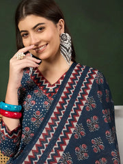 Women Navy Blue Rayon Blend Floral Printed Straight Kurta Trouser With Dupatta-VKSKD2237