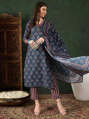 Women Navy Blue Rayon Blend Floral Printed Straight Kurta Trouser With Dupatta-VKSKD2237