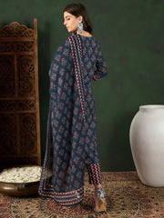 Women Navy Blue Rayon Blend Floral Printed Straight Kurta Trouser With Dupatta-VKSKD2237