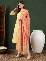 Women Yellow Rayon Blend Floral Printed Straight Kurta Trouser With Dupatta-VKSKD2238