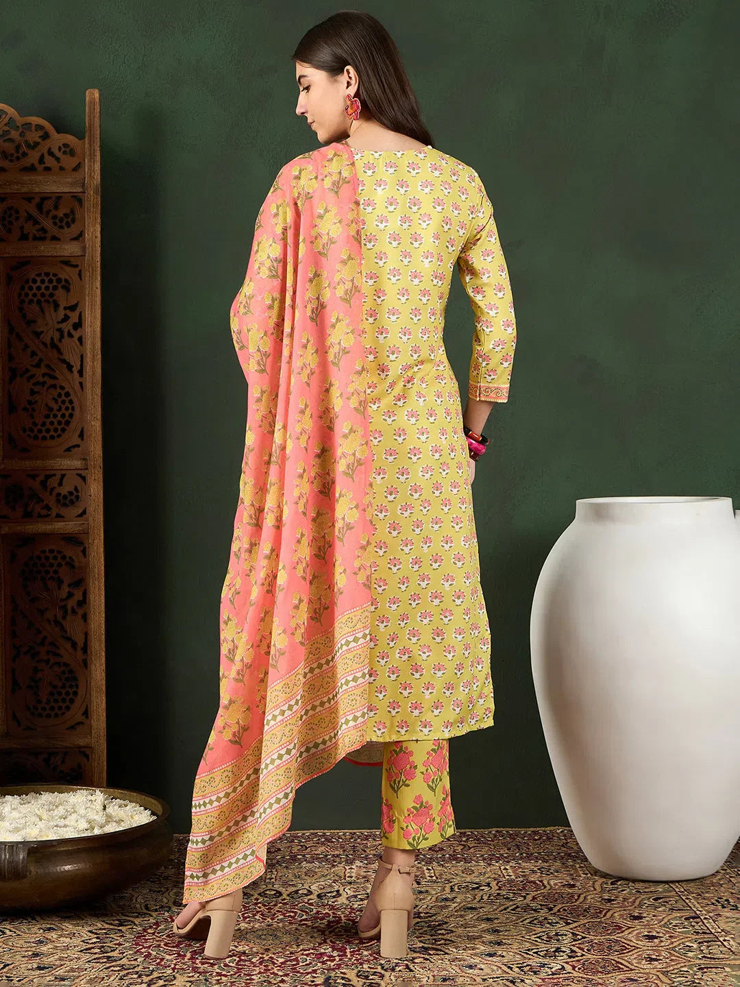Yellow Floral Kurta Set with Dupatta | Women's Indian Kurta Sets