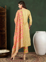 Women Yellow Rayon Blend Floral Printed Straight Kurta Trouser With Dupatta-VKSKD2238